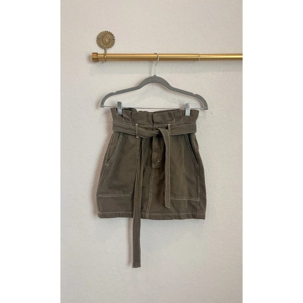 Free People Green Cotton Twill High Rise Belted Mini Skirt Pockets Zip Sz 2